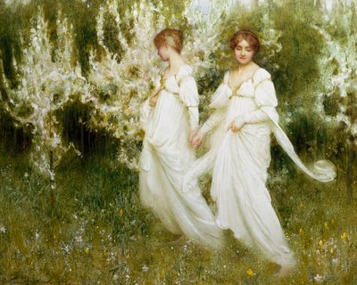"Masumiyet" Masumiyet ve saflığı simgeleyen beyazlar giymiş iki kadın bir bahçede yürüyor. Arthur Hacker (1858-1919) (pre-raphaelite) tarafından yapılmış resim Özel koleksiyon by Arthur Hacker