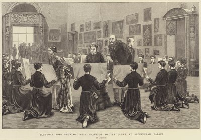 Buckingham Sarayı'nda Kraliçe'ye Çizimlerini Gösteren Mavi Önlüklü Çocuklar by Arthur Hopkins