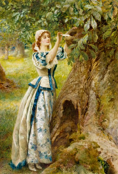 Romantizm: "Aşkın Mektup Kutusu" Genç bir kadın sevgilisi için bir ağaç gövdesine mektup bırakıyor. Arthur Hopkins (1848-1930) tarafından yapılmıştır. by Arthur Hopkins