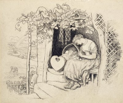By the Cradle (grafit üzerine kalem ve Hindistan mürekkebi) by Arthur Hughes