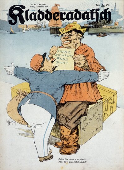 Fransız-Sovyet anlaşmaları üzerine Almanca karikatür (Fransız gümrük memuru ve Rus denizci:" Beyan edecek bir şeyiniz var mı Hayır, yok! Sadece silahlar!" (İspanya Savaşı bağlamında), "Kladderadatsch" 8/11/1936, çizen Arthur Johnson (1874-1954). by Arthur Johnson
