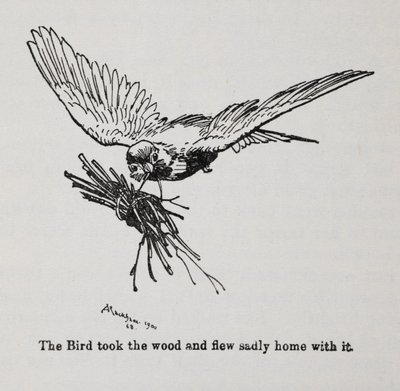 Bir demet dal taşıyan bir kuş. by Arthur Rackham