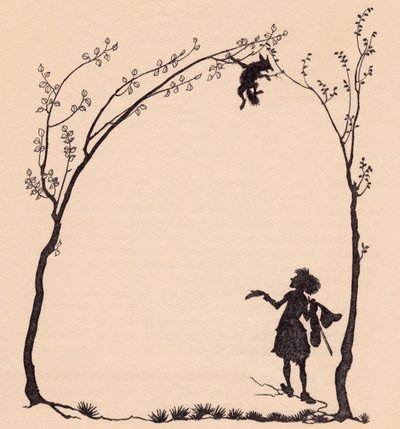 Pençelerinden iki fındık ağacına bağlanmış bir tilki. Grimm's Fairy Tale, The Wonderful Musician'dan Arthur Rackham'ın illüstrasyonu. by Arthur Rackham