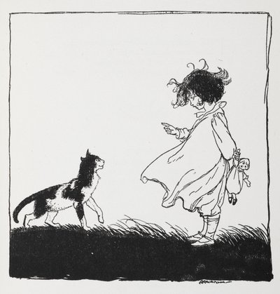 Oyuncak bebeği olan bir kız kedisine azarlıyor. by Arthur Rackham