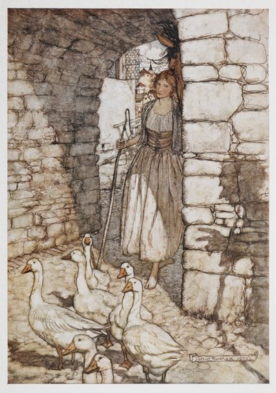 Kazları olan bir kız. by Arthur Rackham