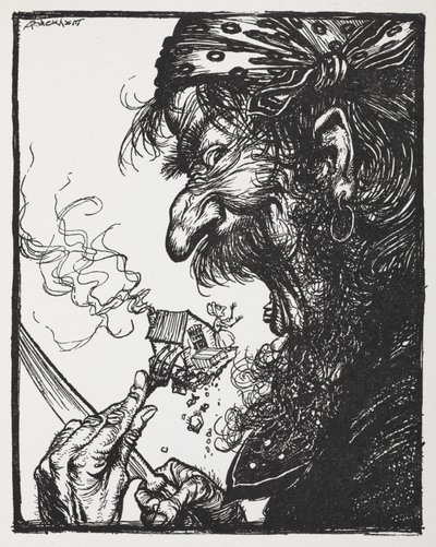 İri bir adam, küçük bir hanımı ve onun evini yiyor. by Arthur Rackham