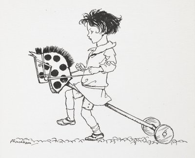 Oyuncak hobi atı üzerinde küçük bir kız. by Arthur Rackham