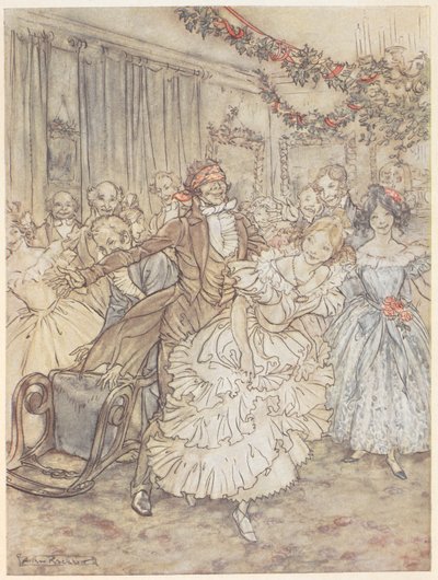 Kör adamın blöfünü oynayan bir parti. Göz bağı takan bir adam, fırfırlı elbiseli bir kadını kovalıyor. by Arthur Rackham