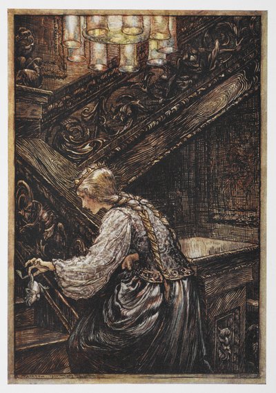 Kurbağa Prens'ten kurbağa taşıyan bir prenses. by Arthur Rackham