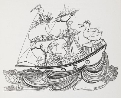 Mürettebatı farelerden oluşan ve kaptanı bir ördek olan bir gemi. by Arthur Rackham