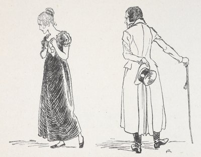 Genç bir çift tartışıyor, kadın bir mendili göğsüne bastırarak arkasını dönmüş. by Arthur Rackham