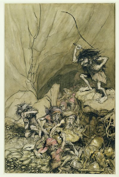 Alberich, altın ve gümüş hazinelerle dolu bir Nibelungs grubunda araba kullanıyor, Richard Wagner (1813-83) pub