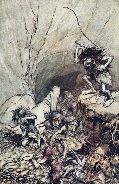 Alberich, altın ve gümüş hazinelerle dolu bir Niblung çetesinde araba kullanıyor. Rhi için İllüstrasyon by Arthur Rackham