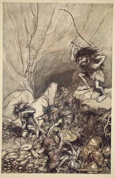 Albrech, altın ve gümüş hazineleriyle bir grup Nibelungen