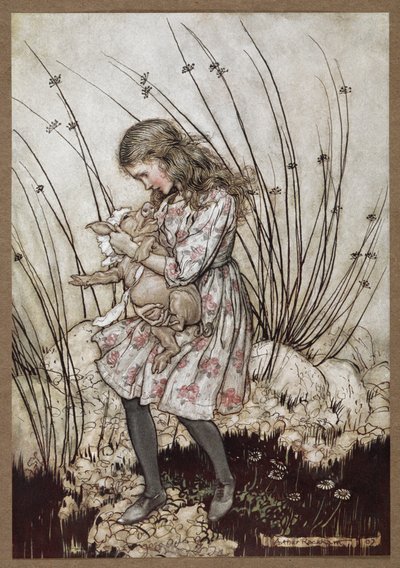 Alice ve bebek gibi giyinmiş domuz by Arthur Rackham