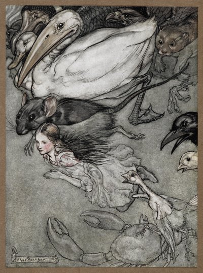 Alice ve fare, ördek, dodo, karga, gelincik, yengeç ve civciv gibi yüzen çeşitli hayvanlar. by Arthur Rackham