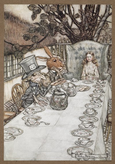 Alice, Mart Tavşanı, Fındık Faresi ve Çılgın Şapkacı ile Çılgın Şapkacının Çay Partisinde by Arthur Rackham