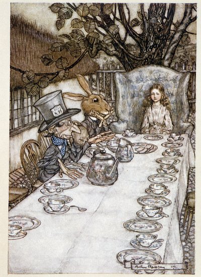 Alice “aptallarda”””” (Şapkacı ve Mars Lievre) - “” Alice Harikalar Diyarında””” da, Lewis Carroll, hasta. Arthur Rackham (1867-1939) tarafından by Arthur Rackham