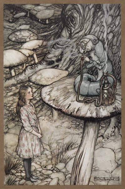 Alice, bir mantarın üzerinde oturmuş pipo içen Tırtıl ile konuşuyor. by Arthur Rackham