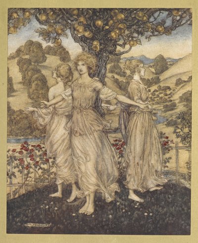 Hepsi bahçenin panayırının ortasında, Hesperus ve altın ağaç hakkında şarkı söyleyen üç kızı. by Arthur Rackham