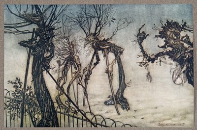 Bir Mürver yürüyüş boyunca topallayarak yürüdü ve bazı küçük çocuklarla sohbet etti .. , Kensington Bahçeleri'ndeki Peter Pan'dan JM Barrie (1860 - 1937), pub. 1906 by Arthur Rackham