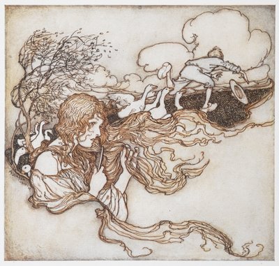 The Goosegirl'den, saçlarını kazlarla tarayan bir kızın ve arka planda bir oğlanın resmi. by Arthur Rackham