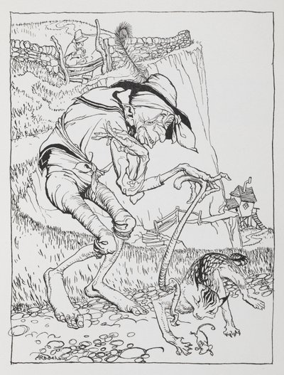 Eğri kedisi ve kıvrık evi olan yaşlı bir cılız adam. by Arthur Rackham