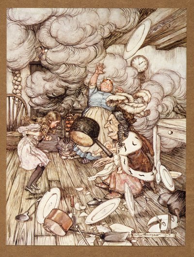 Alışılmadık derecede büyük bir tencere yakınlardan uçtu ve neredeyse onu uçurdu, Alices Harikalar Diyarında, Lewis Carroll, yayın. 1907 by Arthur Rackham