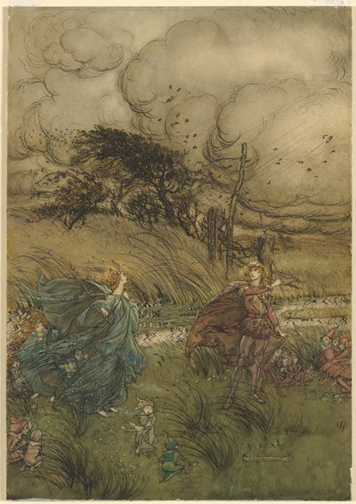 William Shakespeare'in Bir Yaz Gecesi Rüyası'nın 2. perde 1. sahnesinden "Ve şimdi asla koruda veya yeşilde buluşmuyorlar" by Arthur Rackham