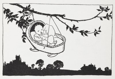 Bebek karyolasında daldan sarkıyor. by Arthur Rackham