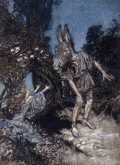 Alt tarafı eşek başlı adam ve Titania ücretlerin kraliçesi. William SHAKESPEARE