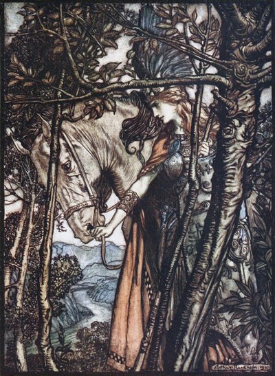 Brünnhilde atını dizginlerinden tutuyor. Richa tarafından Rhinegold ve Valkyrie için illüstrasyon by Arthur Rackham