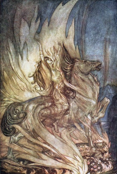 Brünnhilde on Grane, Siegfried'in cenaze ateşinin üzerine atlıyor. Siegfried ve The Tw için İllüstrasyon by Arthur Rackham