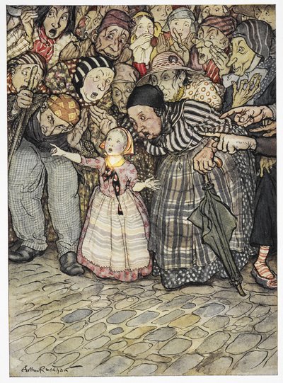 Küçük bir çocuk, "Ama üzerinde hiçbir şey yok" dedi. 'İmparatorun yeni kıyafetleri' hikayesine renkli illüstrasyon. by Arthur Rackham