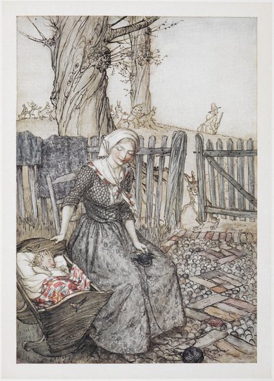 Güle güle bebek kiraz kuşu. Bir bebek karyolasında bebeği ile anne. Babam arka planda avlanmaya gidiyor. by Arthur Rackham