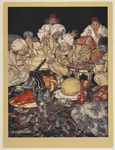 Dick Whittington'ın Kedisi, Moors Kralı'nın farelerine biniyor. by Arthur Rackham