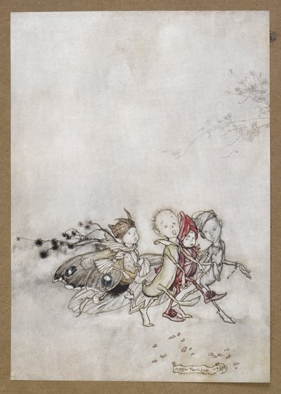 Barış Çiçeği, Örümcek Ağı, Güve ve Hardal Tohumu'na girin. Bir Yaz Gecesi Rüyası'ndan bir sahne. by Arthur Rackham