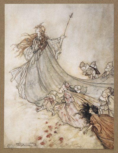 ... Periler uzaklara! Daha fazla kalırsam, düpedüz çocuk yapacağız'. Bir Yaz Gecesi Rüyası'ndan bir sahne. by Arthur Rackham