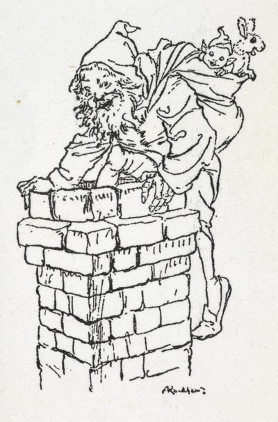 Noel Baba bir çuval hediyeyle bacadan aşağı iniyor by Arthur Rackham
