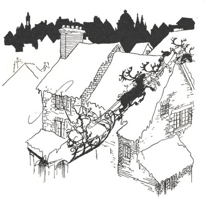 Karlı çatıların üzerinden uçan kızağıyla Noel Baba by Arthur Rackham