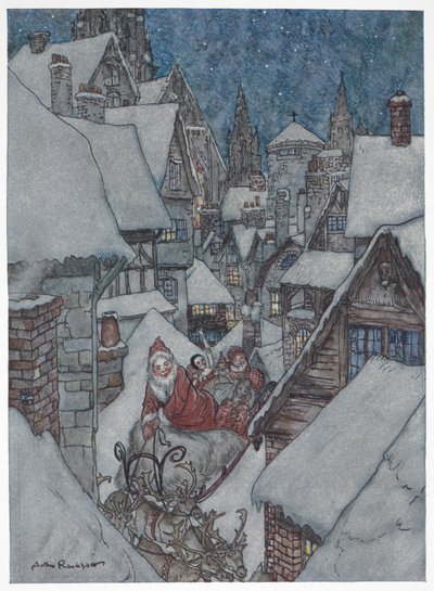 Noel Baba, kızağıyla karlı sokaklarda seyahat ediyor by Arthur Rackham