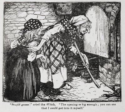 Hansel ve Grethel'den fırının yanında Grethel ve yaşlı cadı. by Arthur Rackham