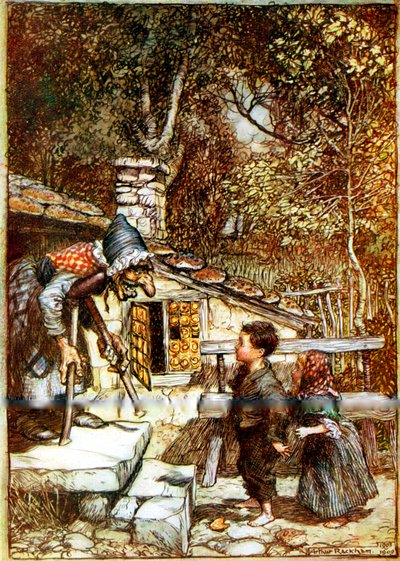 Hansel, Gretel ve Cadı kulübesinin eşiğinde by Arthur Rackham