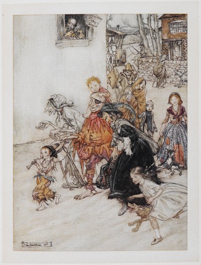 "Dinle!" Dinle! Köpekler havlar'. Sokaklarda yürüyen bir soytarı, yaşlı kadınlar ve çocuklar da dahil olmak üzere bir dizi karakter. by Arthur Rackham