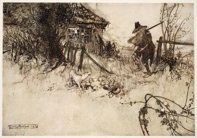 Evin çürümeye gittiğini mi buldu? Köpeğim, diye iç geçirdi zavallı Rip, beni unuttu., Rip Van Winkle, Washington Irving, pub. 1910 by Arthur Rackham