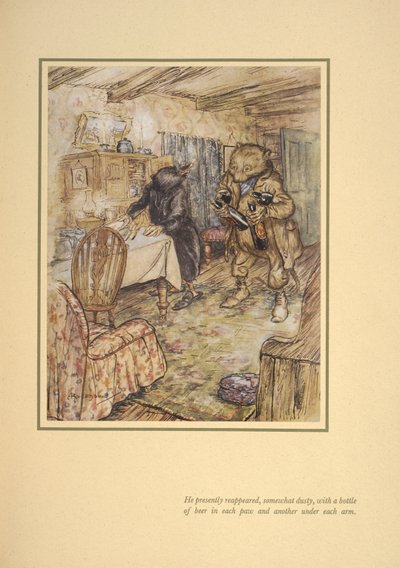 Az sonra, biraz tozlu bir şekilde, her bir biranın içinde her bir koltuğunun altında bir şişe birayla yeniden ortaya çıktı. by Arthur Rackham
