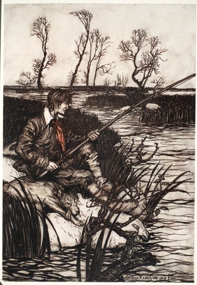 Bütün gün ıslak bir kayanın üzerinde oturur ve balık tutardı, Rip Van Winkle by Washington Irving, pub. 1910 by Arthur Rackham