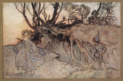 'Nasıl şimdi, ruh! Nereye gidiyorsun?' Puck ve bir peri. Bir Yaz Gecesi Rüyası'ndan bir sahne. by Arthur Rackham
