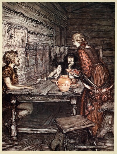 "Hunding, Siegmund ve Sieglunde arasındaki benzerliği keşfeder", 1910. by Arthur Rackham
