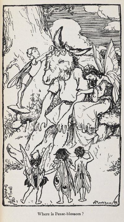 Bir Yaz Gecesi Rüyası'ndan periler ve eşek kafalı bir adamla ilgili illüstrasyon. by Arthur Rackham